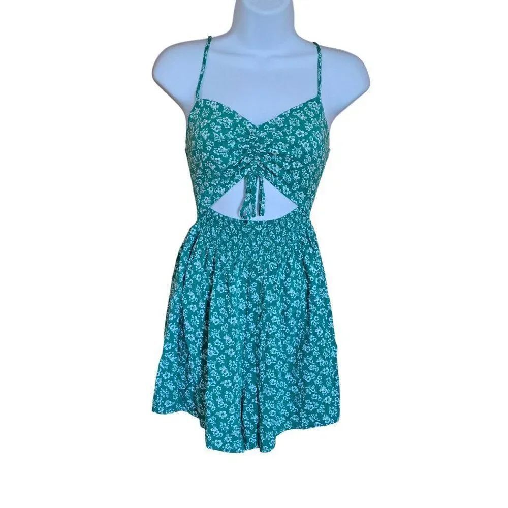 Green Floral Cutout Smocked Mini romper flower power cottagecore beach nautical